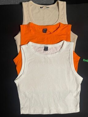 SHEIN Ribbed & Smooth Tank Top Trio - White, Orange, Beige